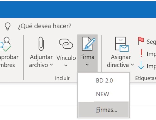 Menú Firma en la cinta de Outlook